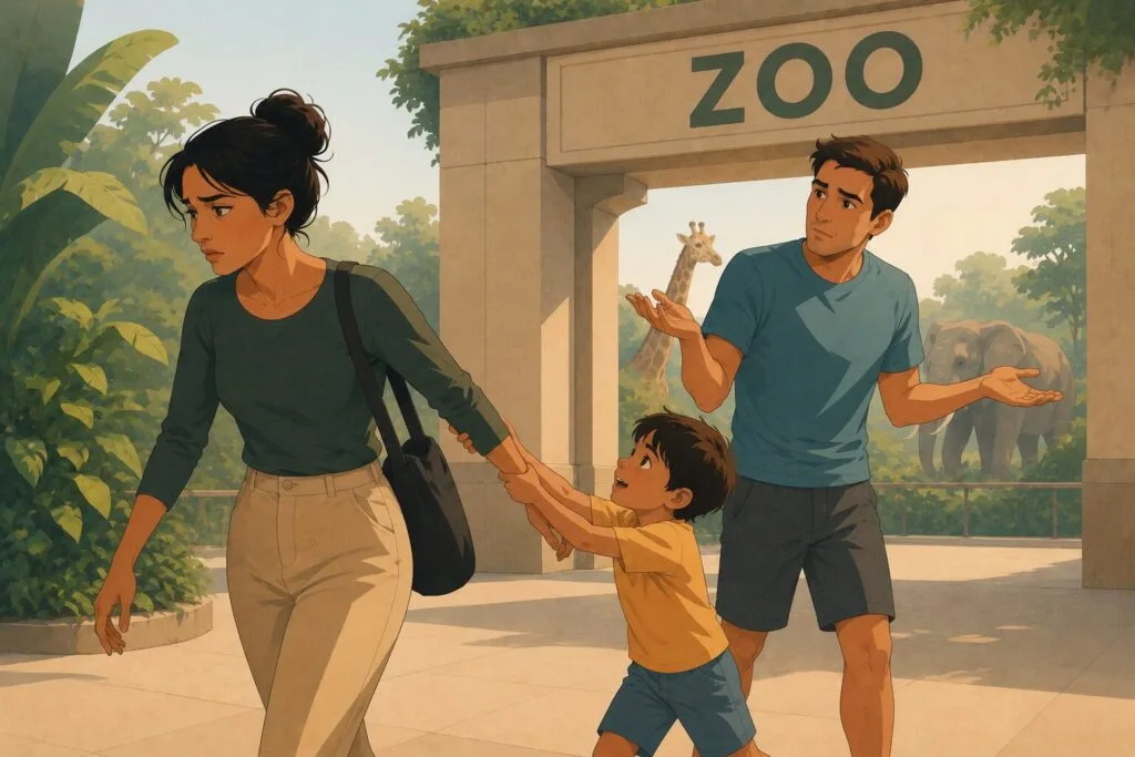 Woman with a fear of lizards trying to walk past a zoo entrance while a child pulls her arm and her husband looks confused. Creature Courage