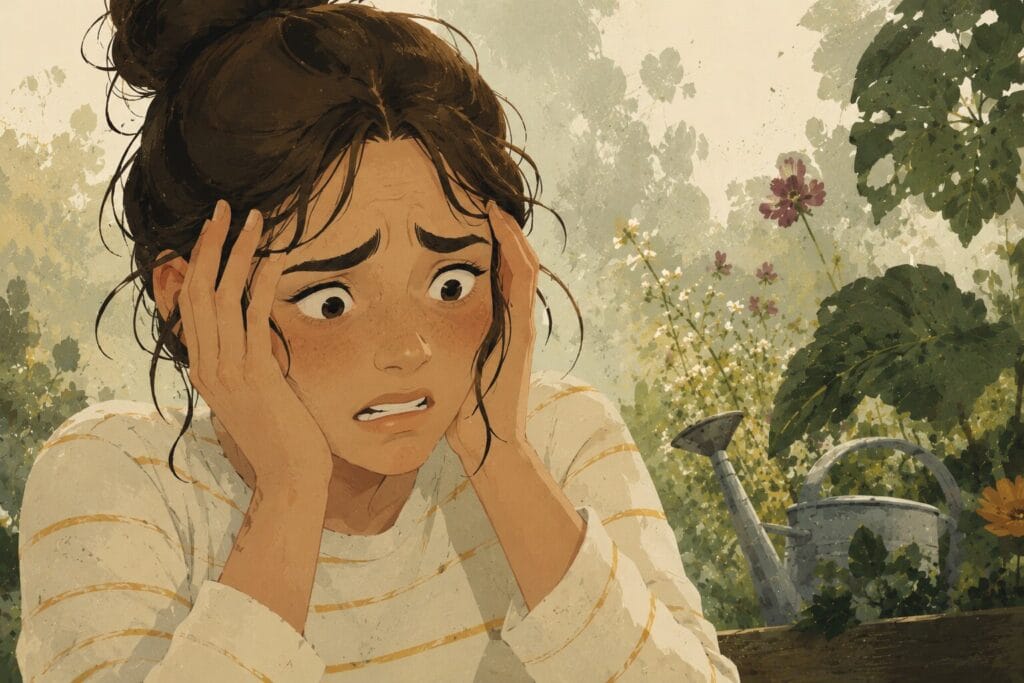 Close-up of a woman looking anxious and overwhelmed in a garden, illustrating the emotional impact of molluscophobia. Creature Courage