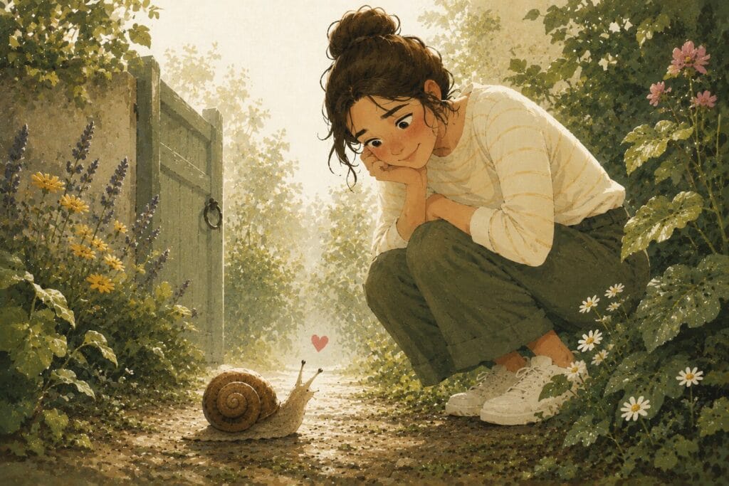 Woman smiling gently at a garden snail while the snail looks up towards her with a small heart between them, symbolising compassion and understanding. Creature Courage