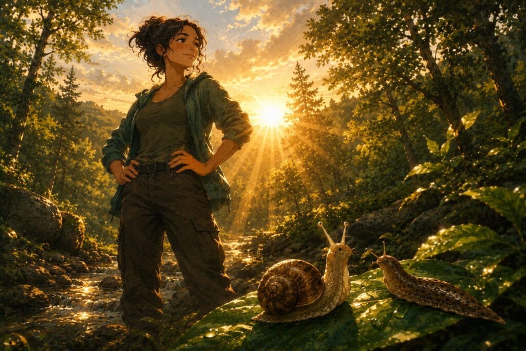 Confident woman standing in a sunlit woodland with hands on her hips while a snail and slug rest peacefully on a leaf in the foreground. Creature Courage