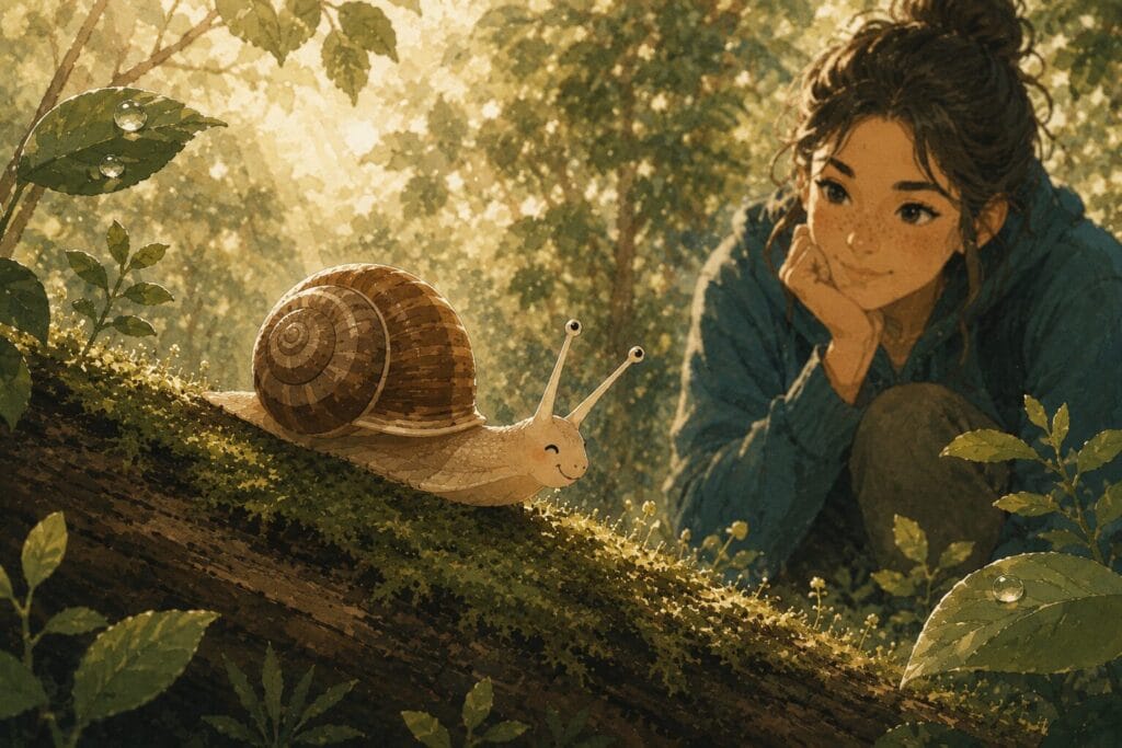 Woman peacefully observing a garden snail on a moss-covered log in a woodland setting, representing curiosity, understanding and appreciation. Creature Courage