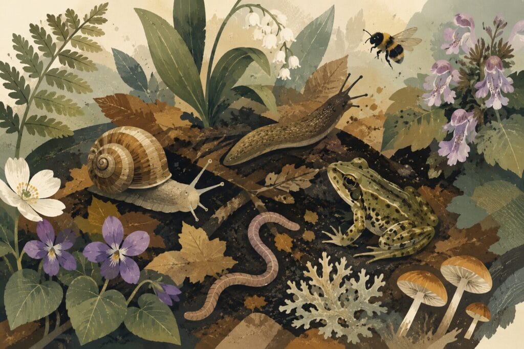 Woodland ecosystem illustration showing a snail, slug, earthworm, frog and bee living together among plants, fungi and healthy soil. Creature Courage
