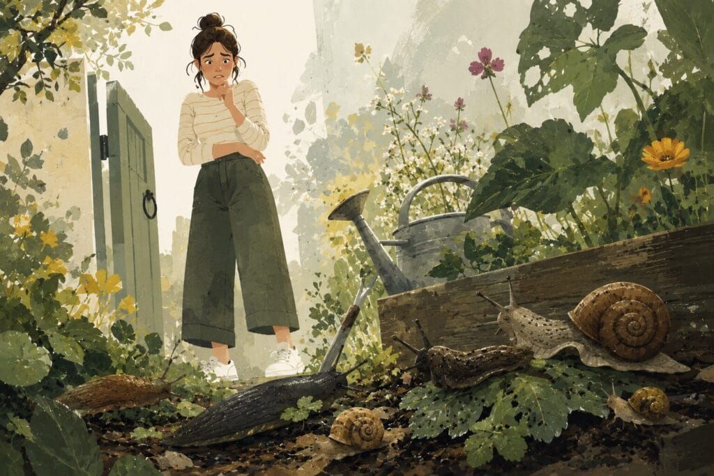 Woman hesitating at the entrance to her garden while noticing several slugs and snails on the ground, illustrating avoidance behaviour associated with molluscophobia. Creature Courage
