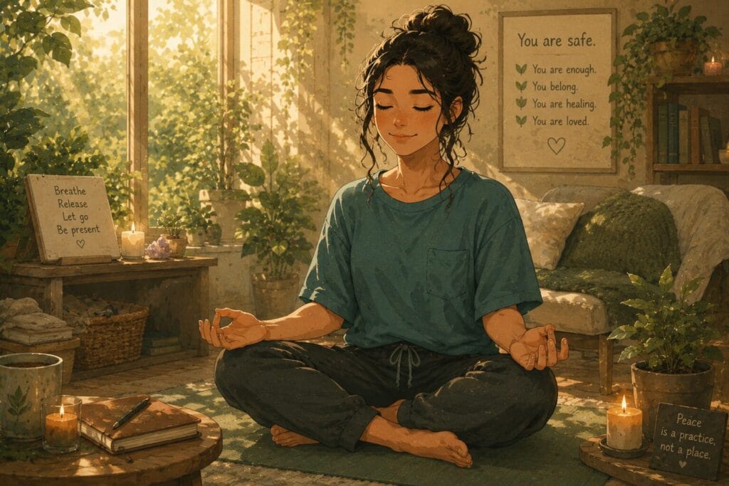 Woman sitting peacefully in meditation during a therapeutic session, practising relaxation and mindfulness techniques to reduce fear and anxiety. Creature Courage