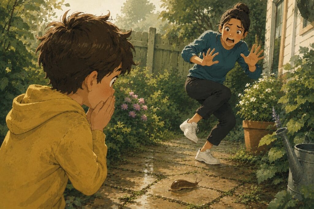 Child watching an adult react fearfully to a harmless slug in a garden, illustrating how fears can be learned through observation. Creature Courage