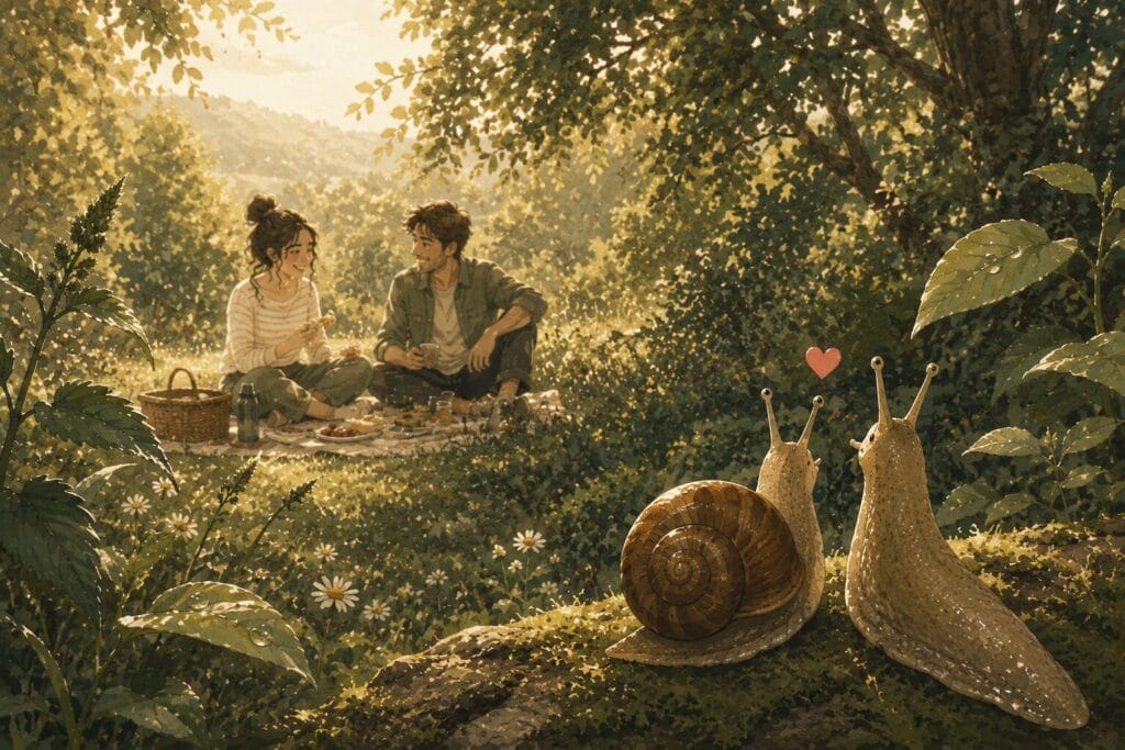 Garden snail and slug watching a couple enjoying a picnic outdoors, symbolising peaceful coexistence and overcoming fear. Creature Courage