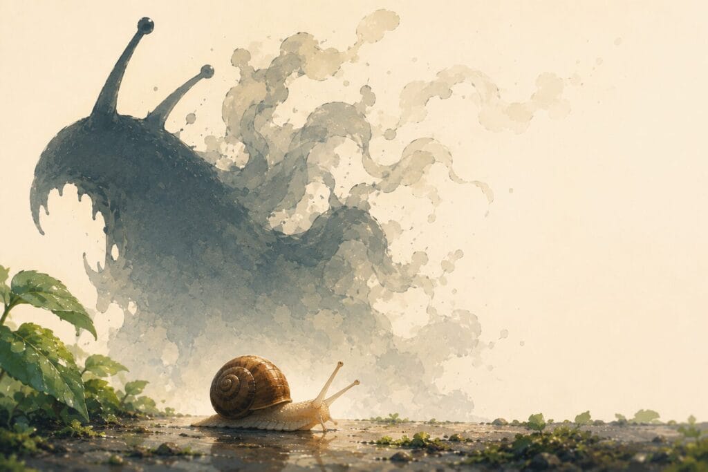 Small harmless garden snail with a large monster-like shadow behind it, illustrating how fear can exaggerate perception and make animals seem more threatening than they really are. Creature Courage
