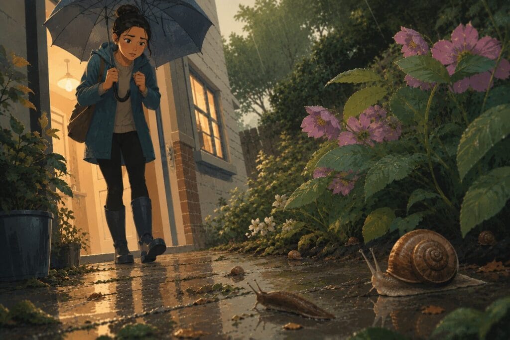 Woman holding an umbrella and hesitating on a rainy garden path while noticing slugs and snails on the ground. Creature Courage