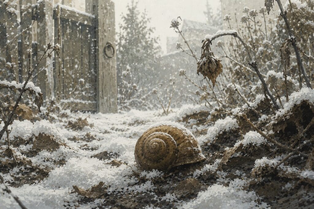 Garden snail sealed inside its shell during winter, resting among snow-covered plants and frozen ground. Creature Courage