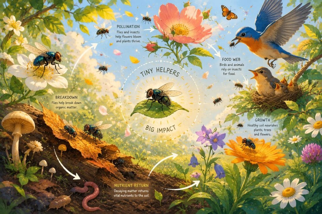 Illustration showing the ecological role of flies in nature.
