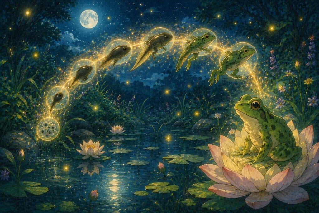 Illustration showing the remarkable metamorphosis from tadpole to frog.