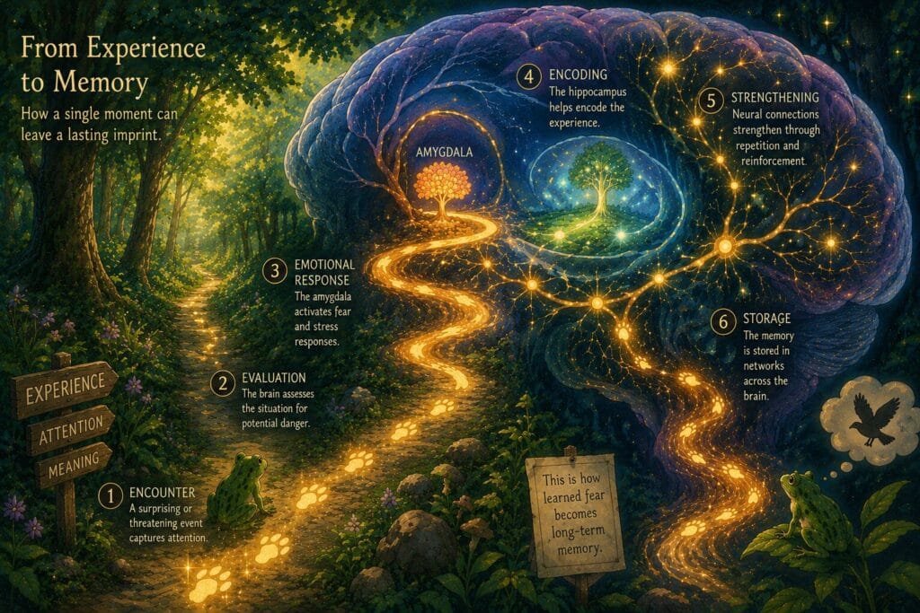 Illustration showing how fear of frogs can become a learned response.