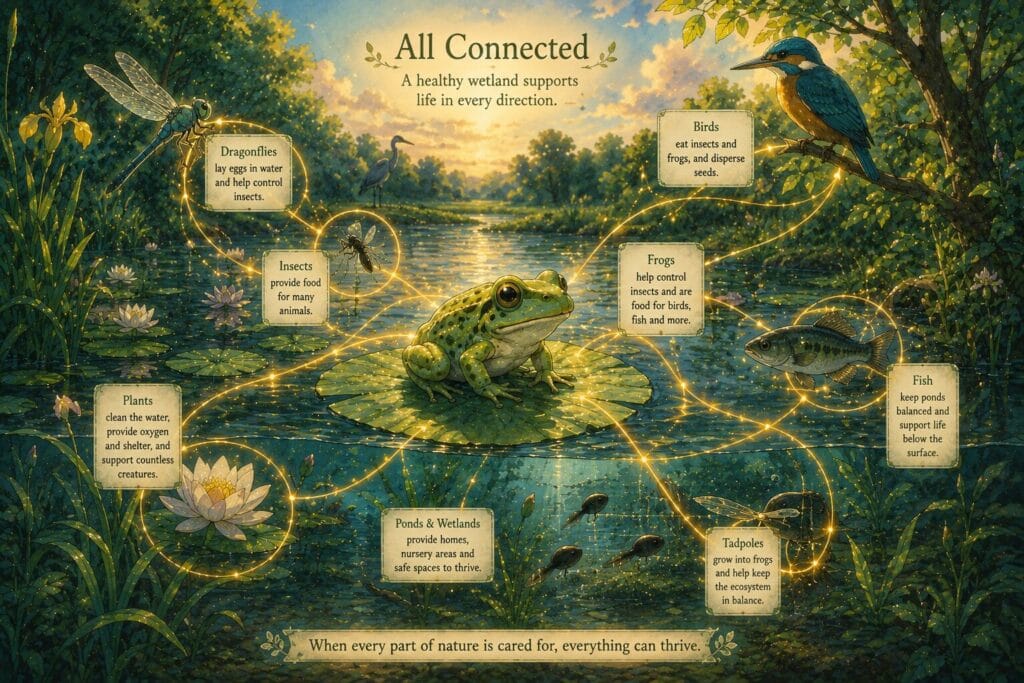 Illustration showing frogs and toads as an important part of healthy ecosystems.