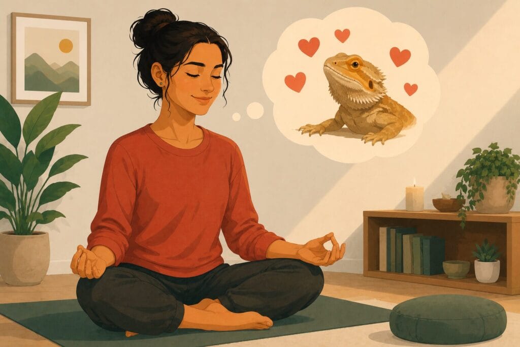 Woman meditating while imagining a friendly lizard surrounded by hearts as part of a guided visualisation exercise. Creature Courage