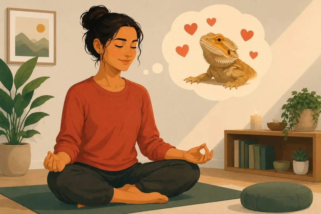 Woman meditating while imagining a friendly lizard surrounded by hearts as part of a guided visualisation exercise. Creature Courage