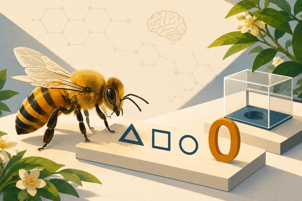 Curious honeybee examining geometric shapes and the number zero, illustrating the surprising intelligence and learning abilities of bees. Creature Courage