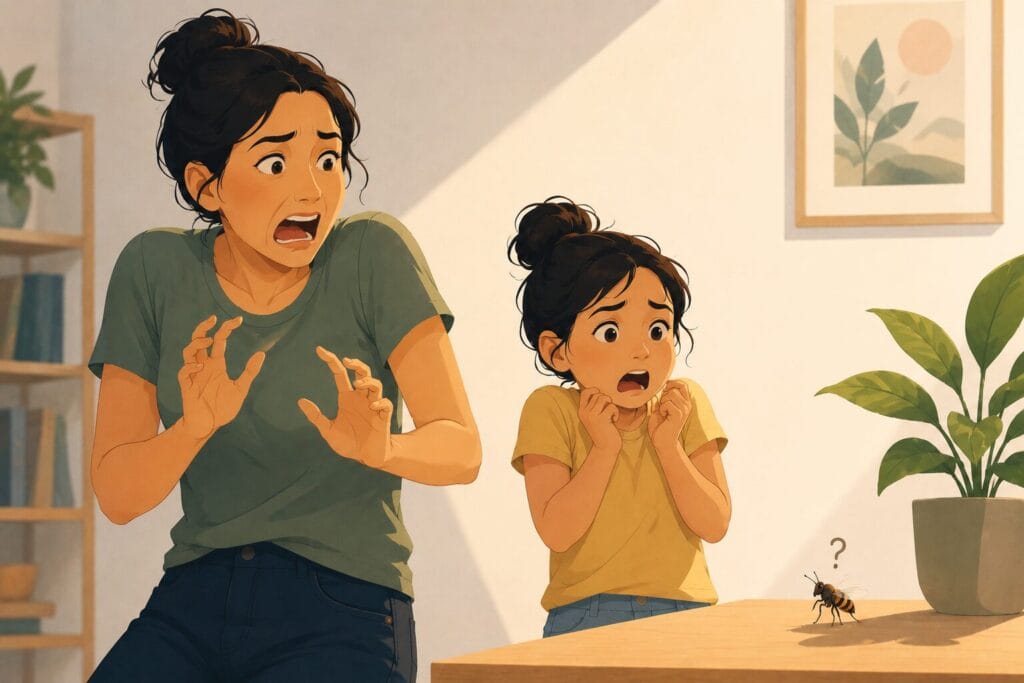 Child copying an adult's fearful reaction to a harmless insect, illustrating how entomophobia can develop through learned behaviour and social conditioning. Creature Courage
