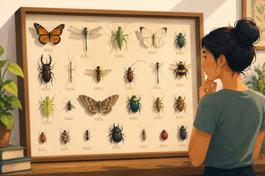 Woman observing a framed display of diverse insect species including butterflies, beetles, bees, dragonflies and moths arranged in a scientific collection. Creature Courage