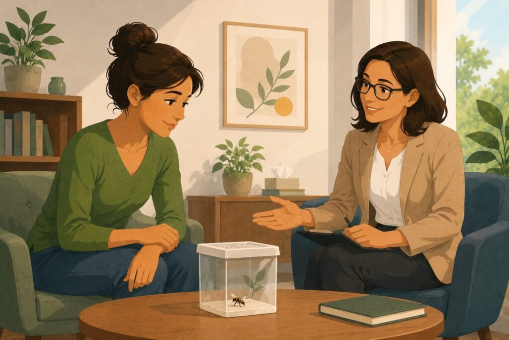 Woman calmly observing an insect in a secure container while sitting with a supportive therapist during an exposure therapy session. Creature Courage