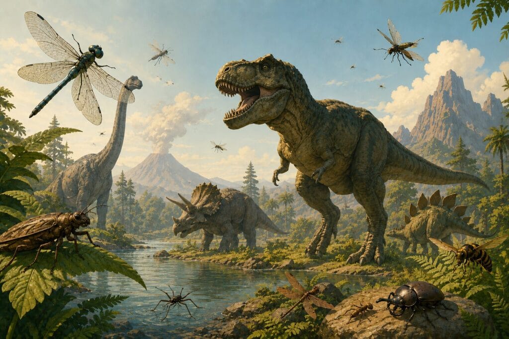 Prehistoric scene showing dinosaurs and various insect species sharing the same ancient landscape millions of years ago. Creature Courage