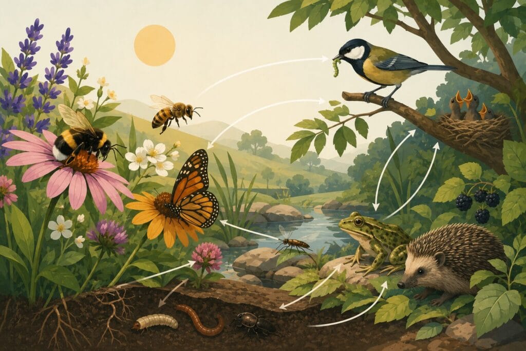Healthy ecosystem showing pollinating insects, wildflowers, birds, frogs and hedgehogs interconnected through a thriving natural food web. Creature Courage