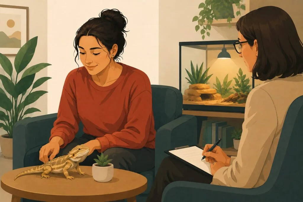 Woman gently interacting with a pet lizard during an exposure therapy session while a therapist provides support.