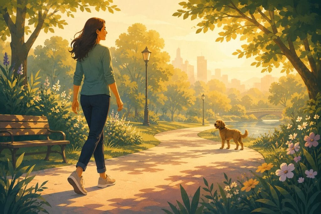 Person confidently enjoying a park after overcoming a fear of dogs.