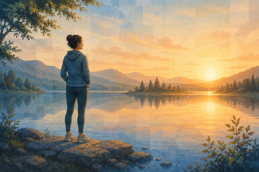 Person confidently enjoying a lakeside environment after overcoming a fear of fish.