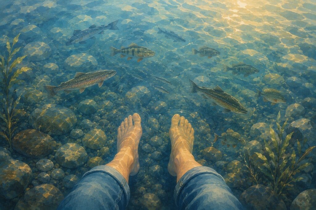First-person view of an adult standing in shallow lake water with feet submerged, observing a variety of fish swimming peacefully below in a calm, sunlit underwater environment.