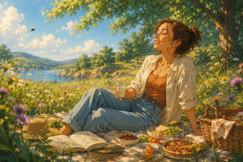 Person confidently enjoying outdoor activities after overcoming a fear of flies.