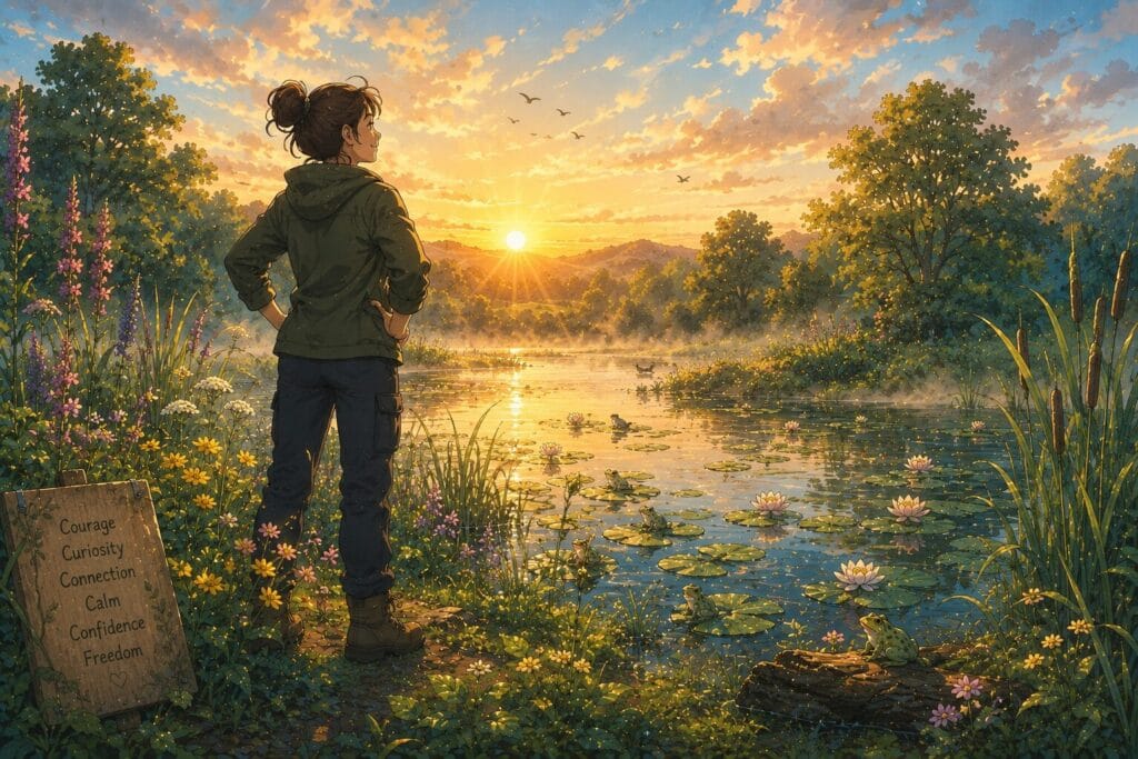 Person confidently enjoying a pond environment after overcoming a fear of frogs and toads.