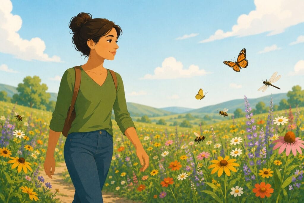 Woman walking confidently through a wildflower meadow while butterflies, bees and dragonflies move naturally around her. Creature Courage