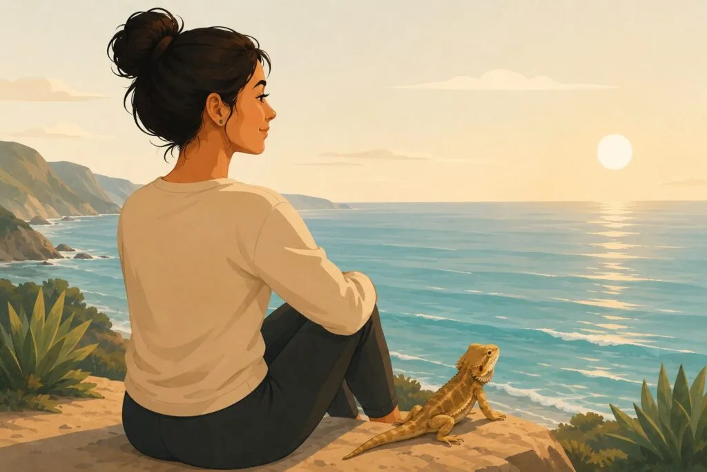 Confident woman peacefully looking out over the ocean with a small lizard sitting beside her. Creature Courage