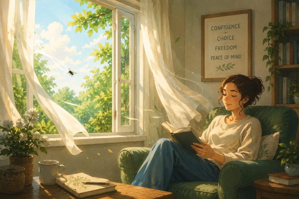 Illustration representing confidence around flies through gradual exposure therapy.