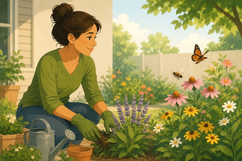 Woman gardening calmly while a bee and butterfly move between flowers nearby, demonstrating confidence and peaceful coexistence with insects. Creature Courage