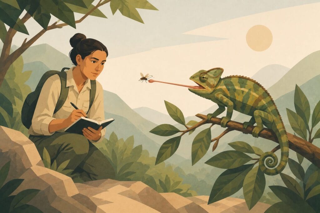 Scientist observing a chameleon using its tongue to catch an insect in the wild. Creature Courage