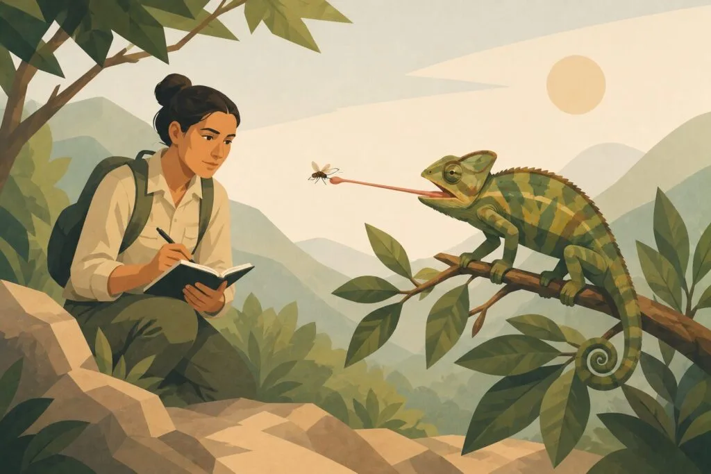 Scientist observing a chameleon using its tongue to catch an insect in the wild. Creature Courage