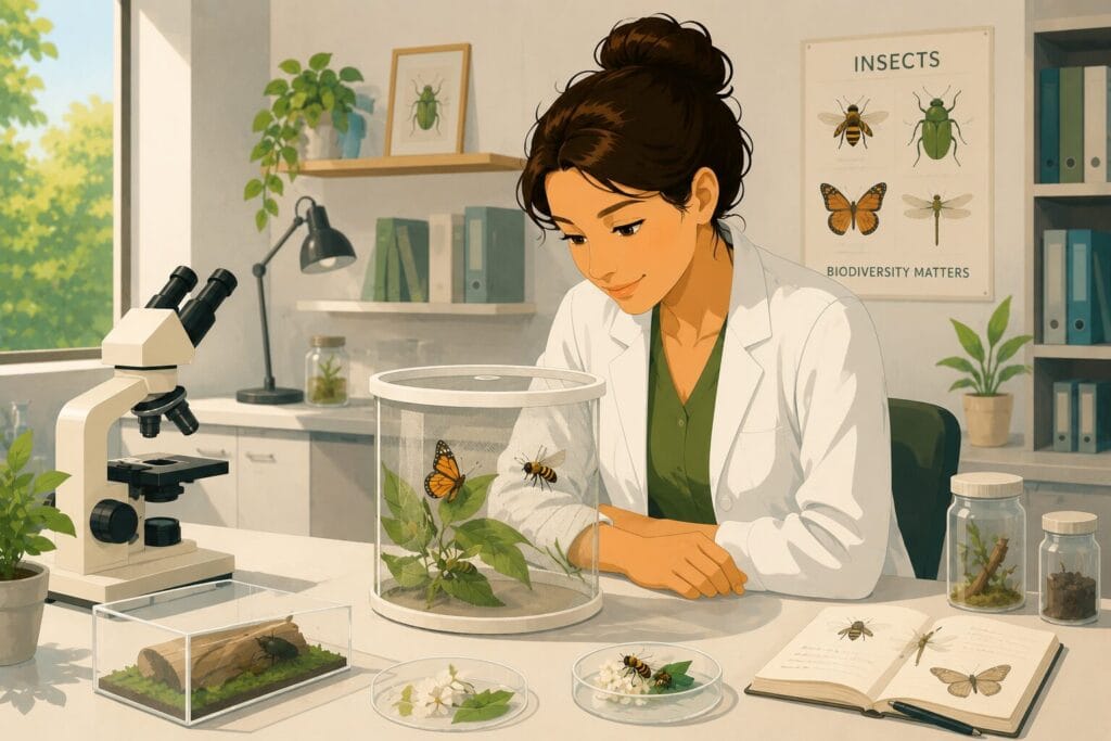 Scientist carefully observing live insects in a modern laboratory, demonstrating research into insect behaviour, ecology and conservation.