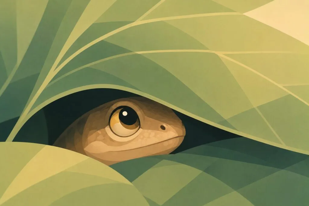 Cute stylised lizard peeking out from beneath a leaf, illustrating the shy and cautious nature of many lizard species. Creature Courage