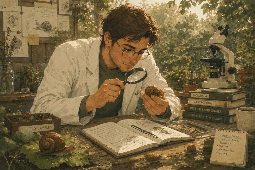 Male scientist carefully studying land snails using a magnifying glass in a naturalistic research environment. Creature Courage