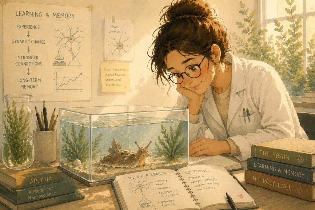 Sea snail (Aplysia) featured in a neuroscience laboratory alongside diagrams of neurons and memory formation, illustrating its contribution to scientific research. Creature Courage