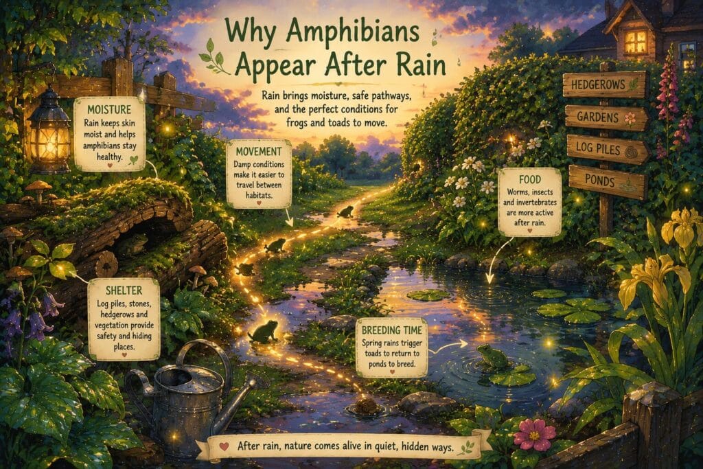 illustration of a garden after rainfall showing ponds, hedgerows and log piles connected by natural pathways used by frogs and toads.