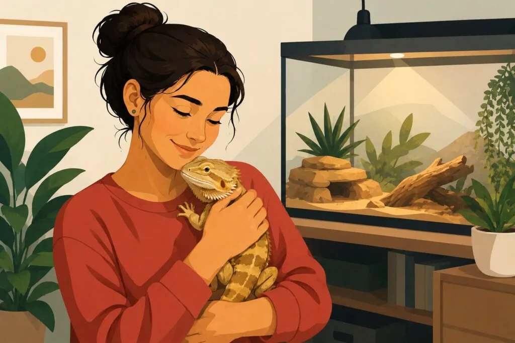 woman-cuddling-pet-bearded-dragon Creature Courage