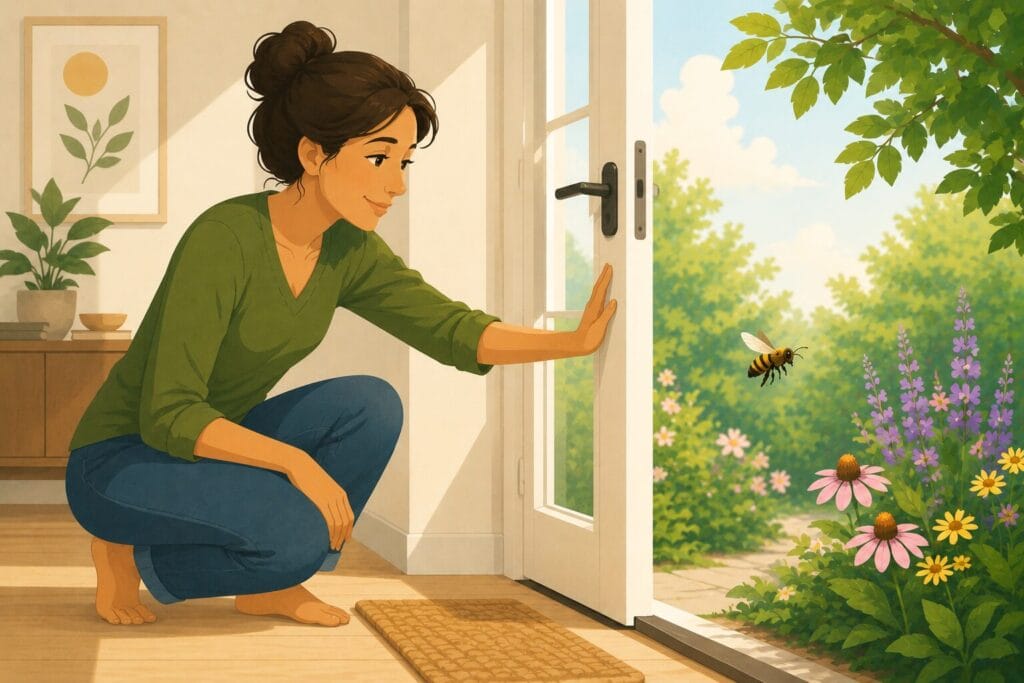 Woman gently holding a door open to help a trapped bee fly back outside into a sunny garden. Creature Courage