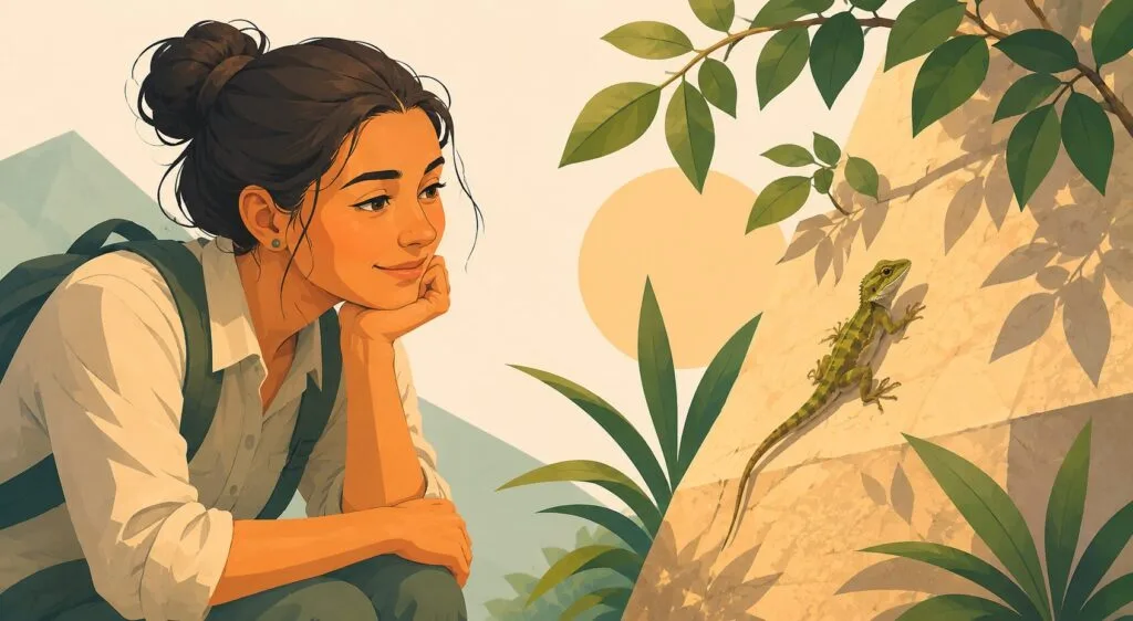 Woman calmly observing a small lizard on a wall with curiosity and appreciation while giving it space. Creature Courage