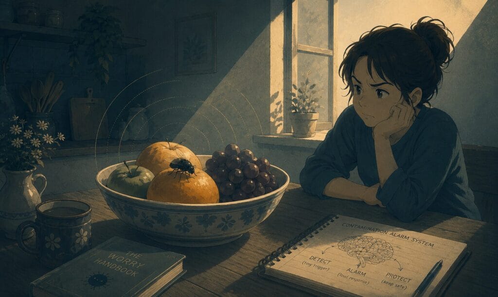 Young woman thoughtfully observing a fly resting on fruit in a kitchen, illustrating how fear of flies and contamination anxiety can make harmless situations feel more threatening.