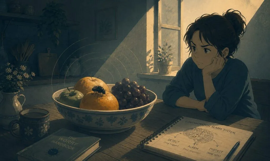 Young woman thoughtfully observing a fly resting on fruit in a kitchen, illustrating how fear of flies and contamination anxiety can make harmless situations feel more threatening.