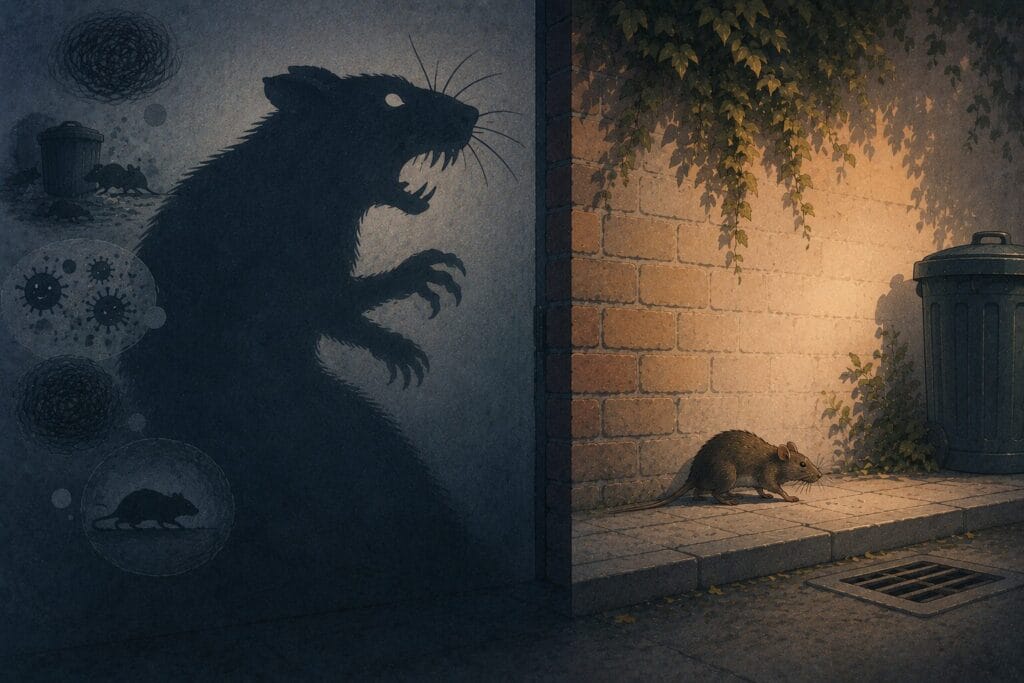 Illustration comparing exaggerated fear of rats with realistic rat behaviour.