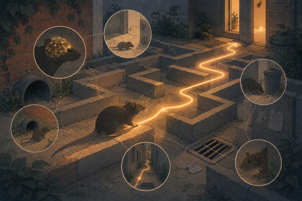 Illustration showing a rat navigating a simple maze to represent intelligence and adaptability.