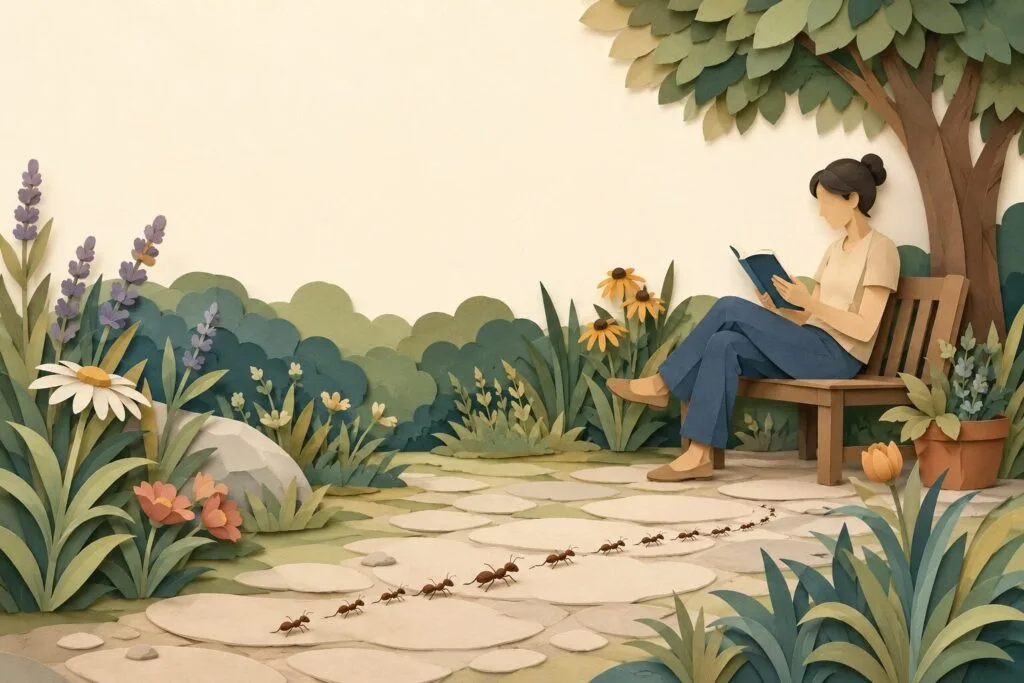 Person peacefully observing ants in a garden illustrated using layered paper cut artwork.